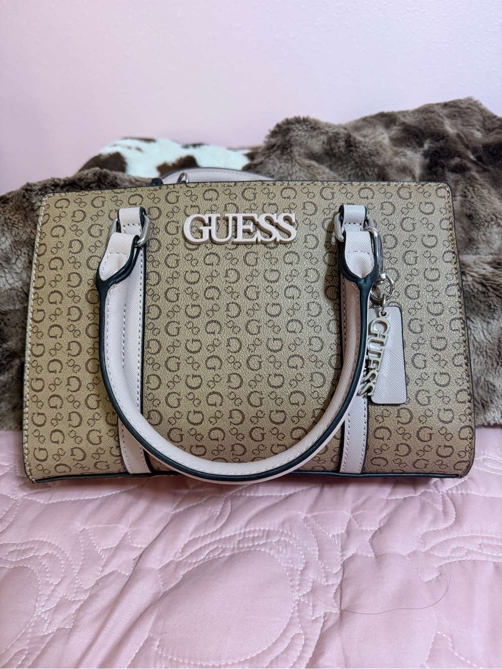 NEW GUESS Tan Satchel with Light Pink Trim and Logo Charm